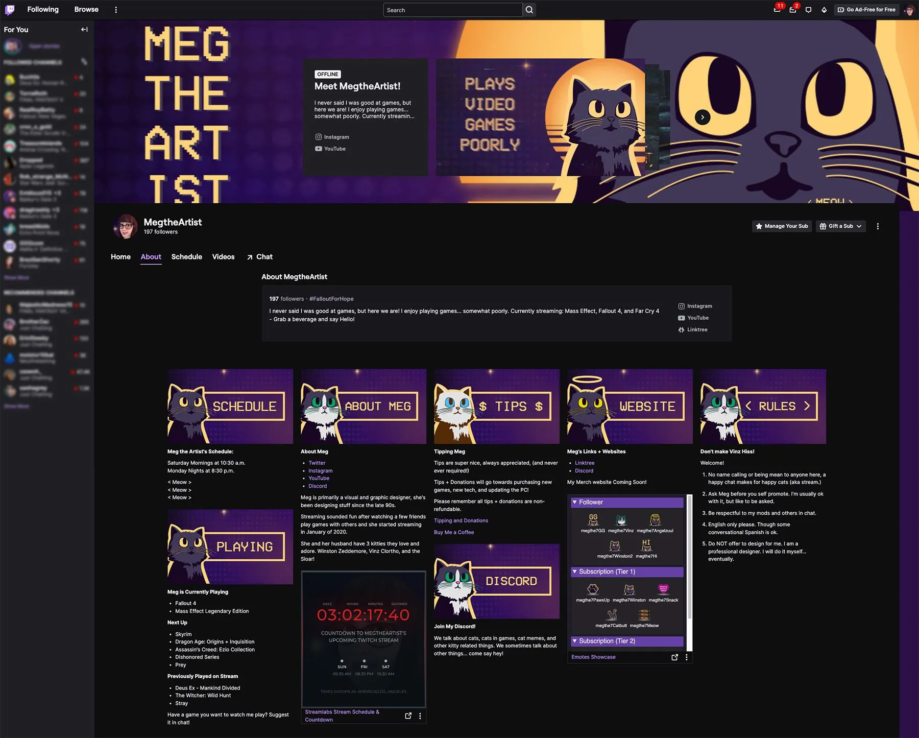 Meg the Artist Twitch channel full view
