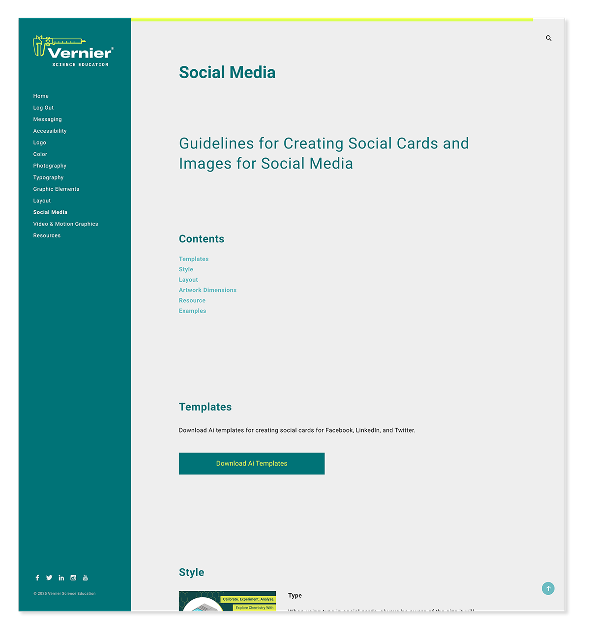 Vernier brand guide social media page