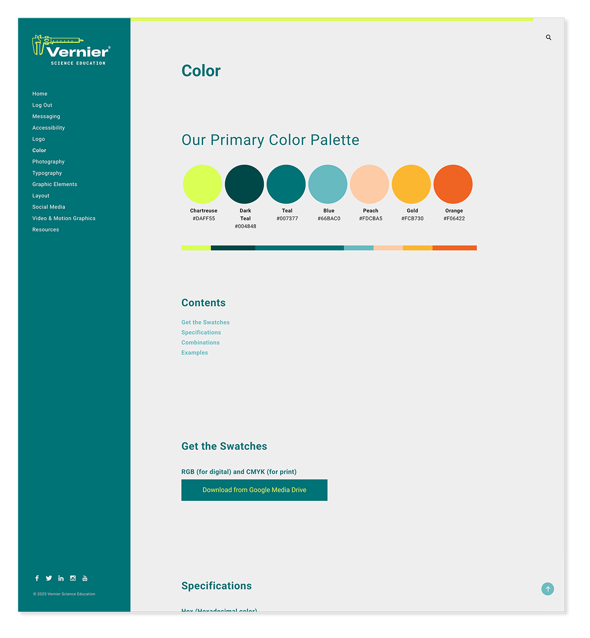 Vernier brand guide color page
