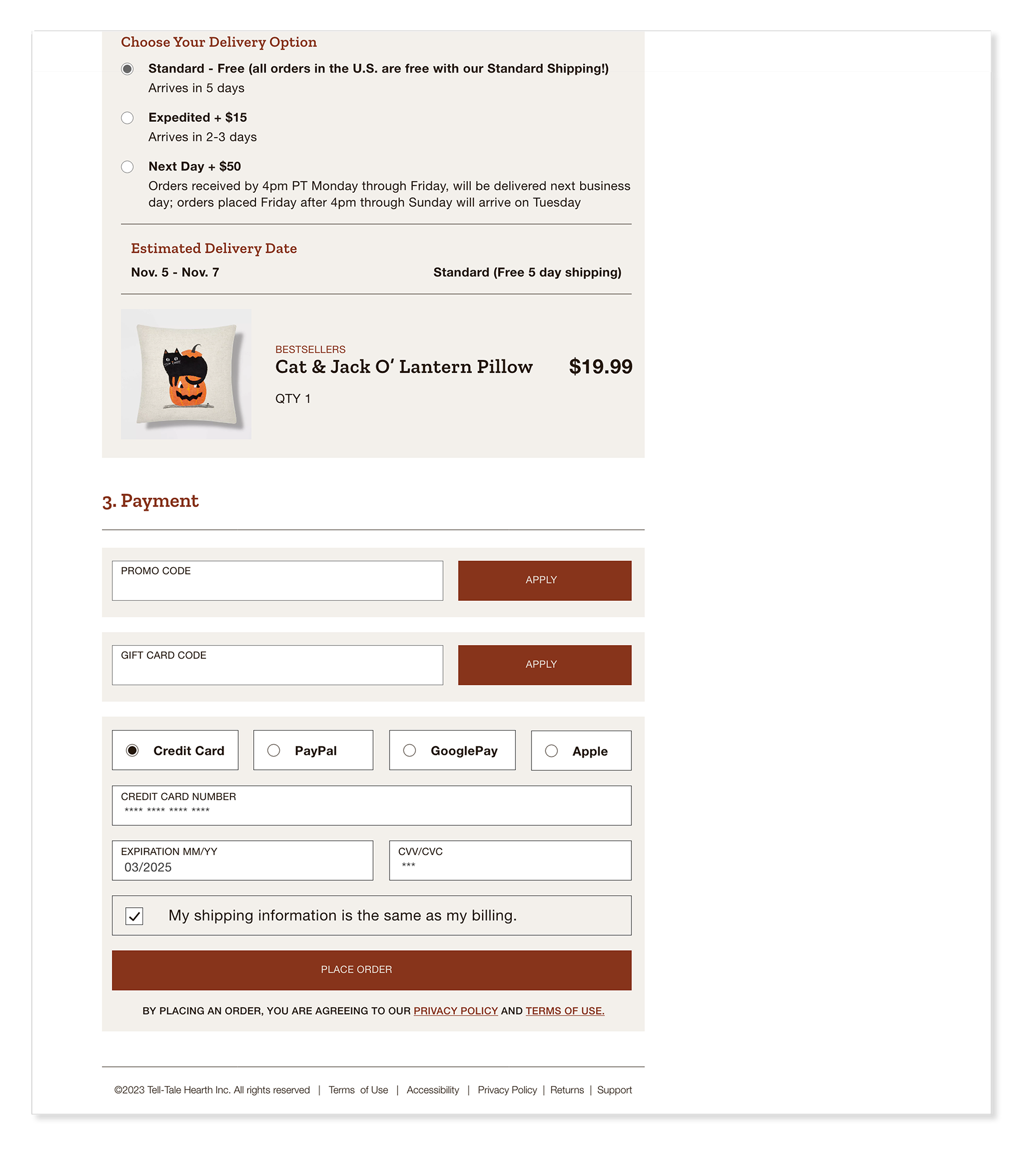 Tell-Tale Hearth shipping footer