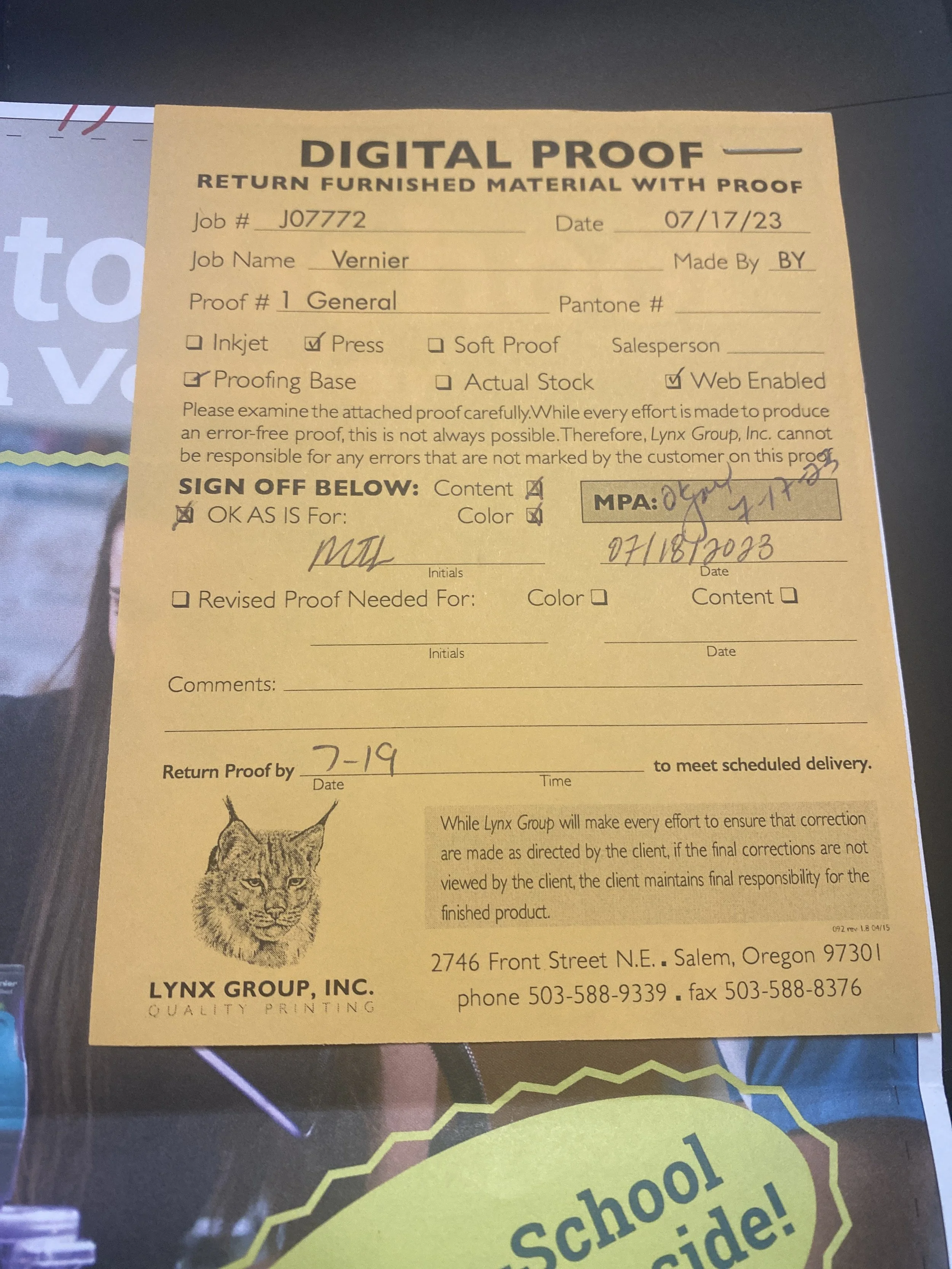 Physical proof with approval signature