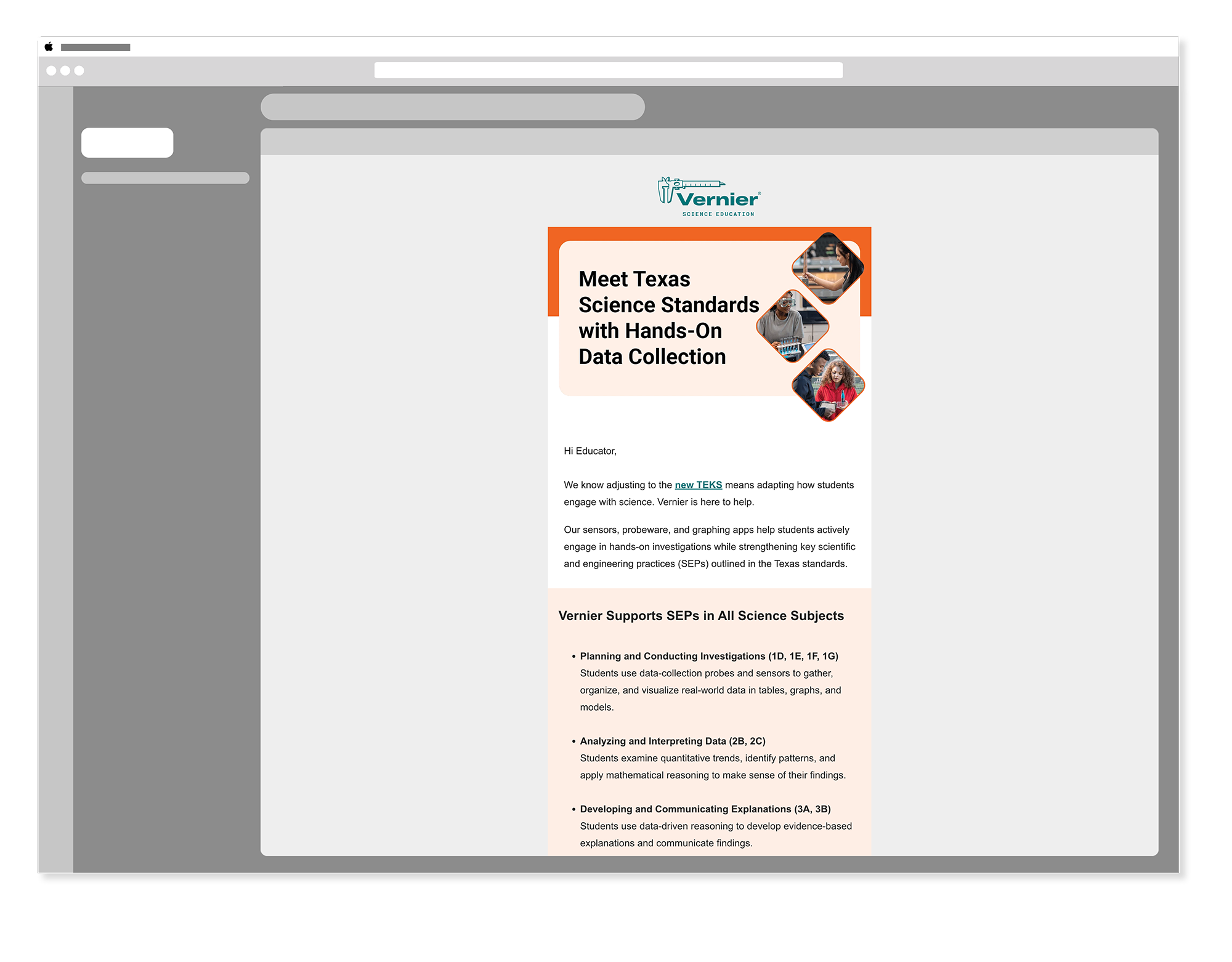 Vernier Texas Science Standards (TEKS) campaign email
