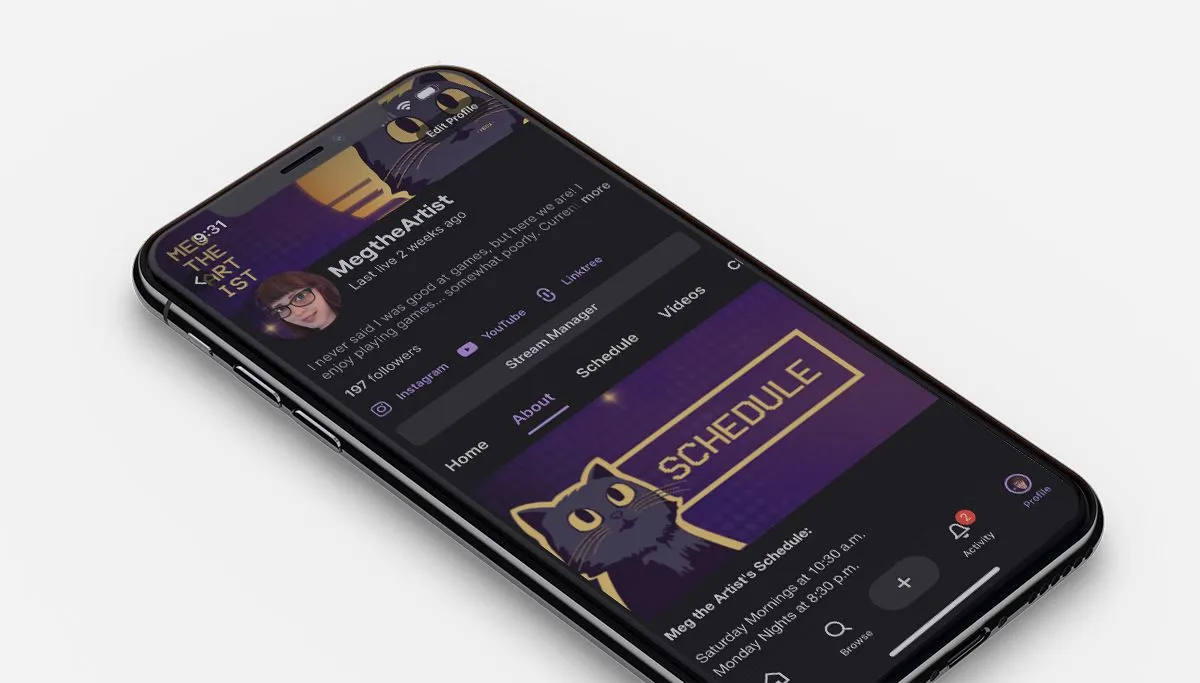 Meg the Artist Twitch channel mobile view