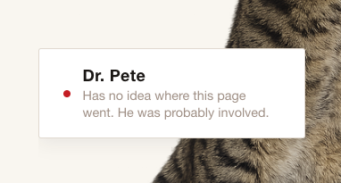 Dr. Pete availability badge detail — Has no idea where this page went. He was probably involved.