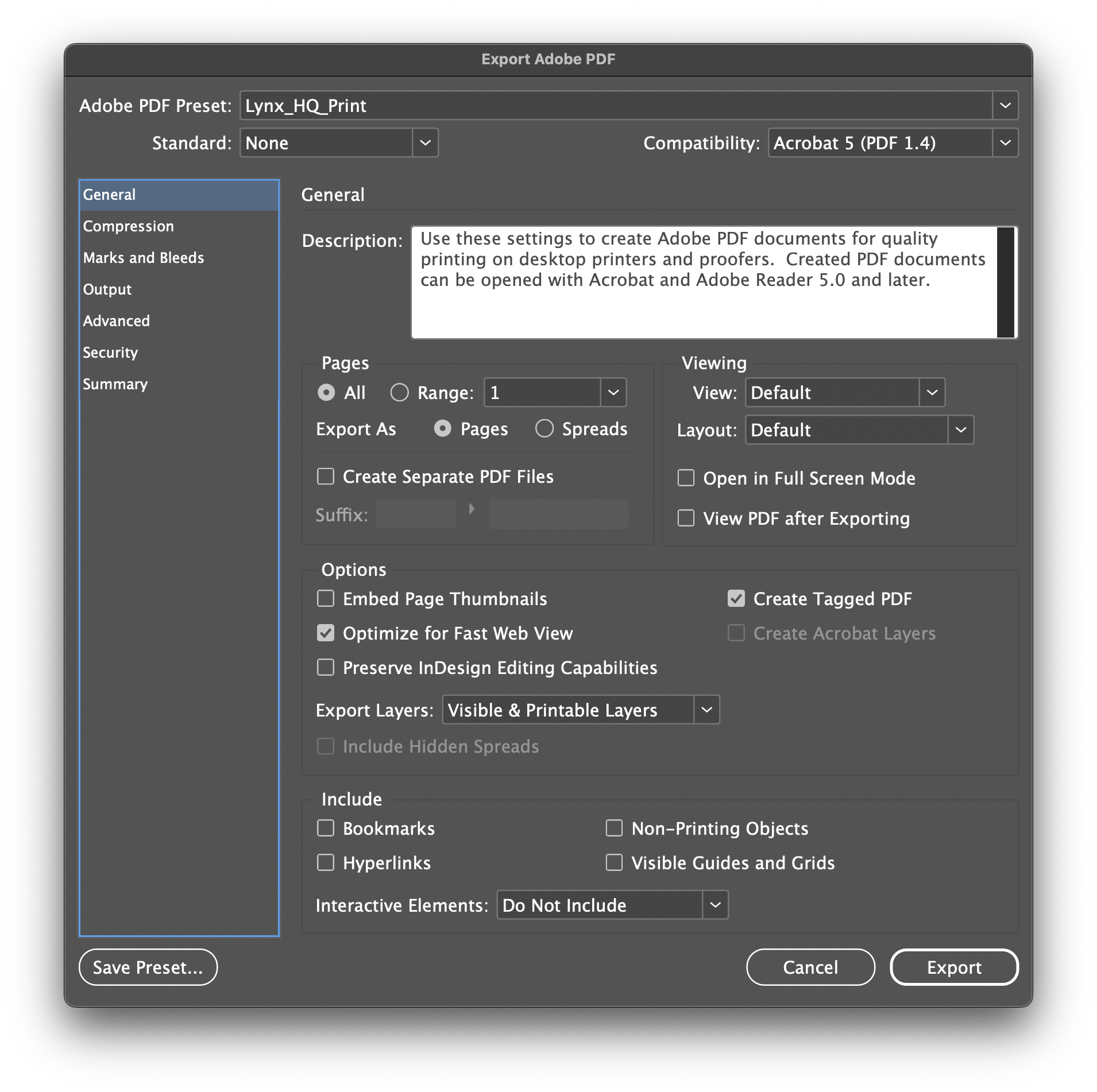 InDesign PDF Export dialog box