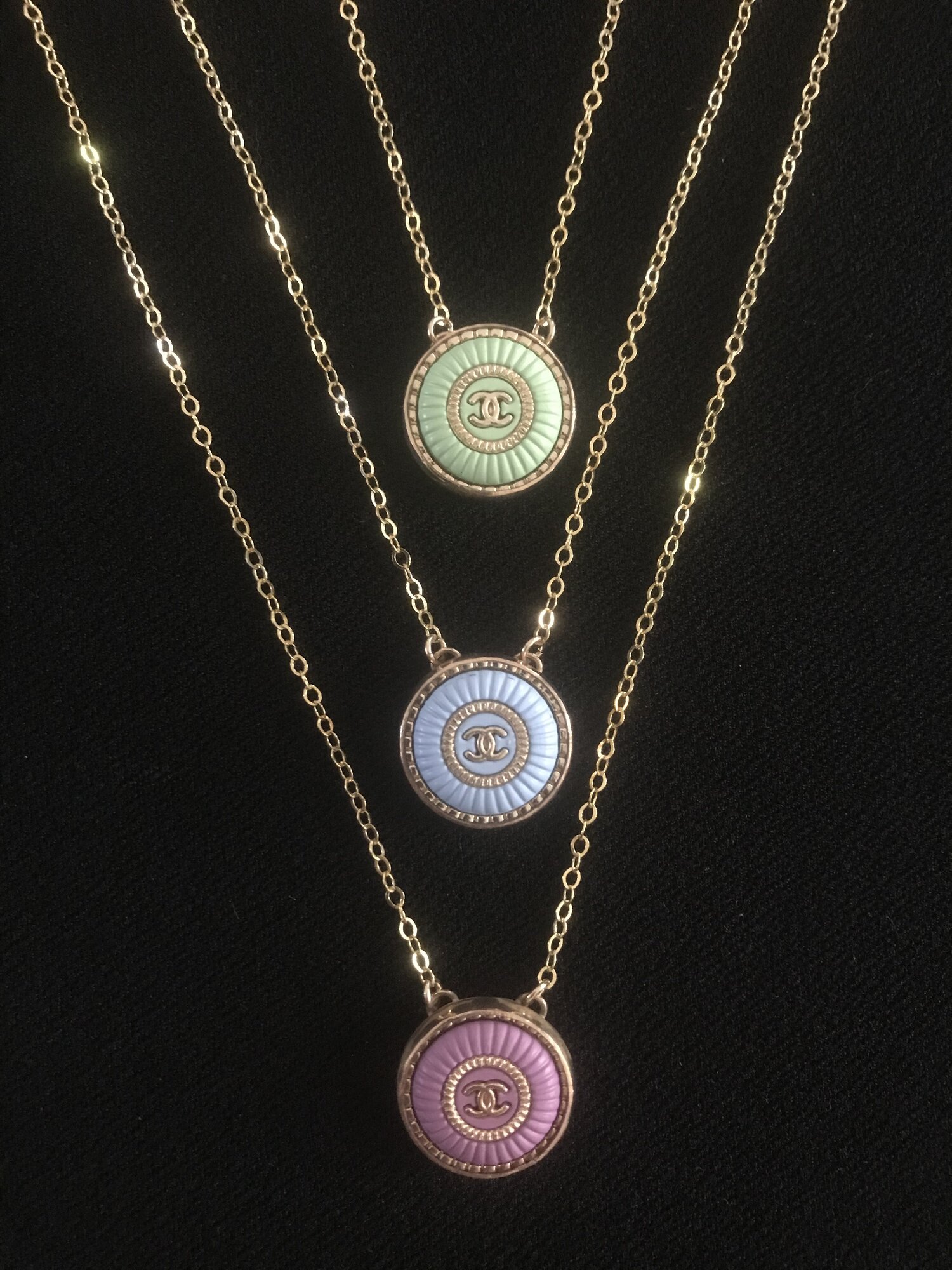 Small Pastel Chanel Button Necklace — Blue Blood Metal | Vintage Rings &  Necklaces