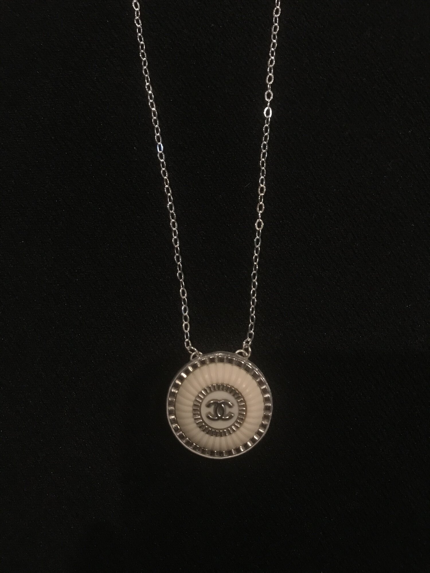 Small Silver & White Chanel Button Necklace — Blue Blood Metal | Vintage  Rings & Necklaces