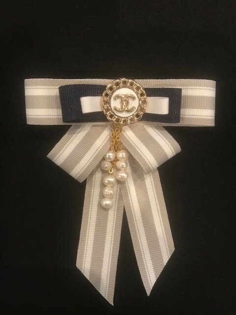 Grey and White Striped Chanel Bow Brooch — Blue Blood Metal