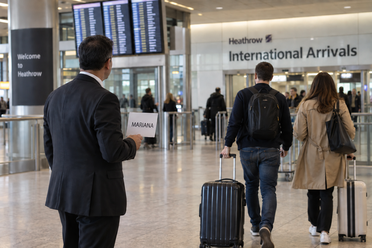 Motorista com placa recebendo passageiros no aeroporto de Londres