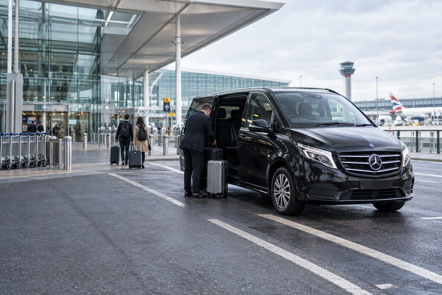 Mercedes Vito preta em transfer privado no aeroporto de Heathrow em Londres