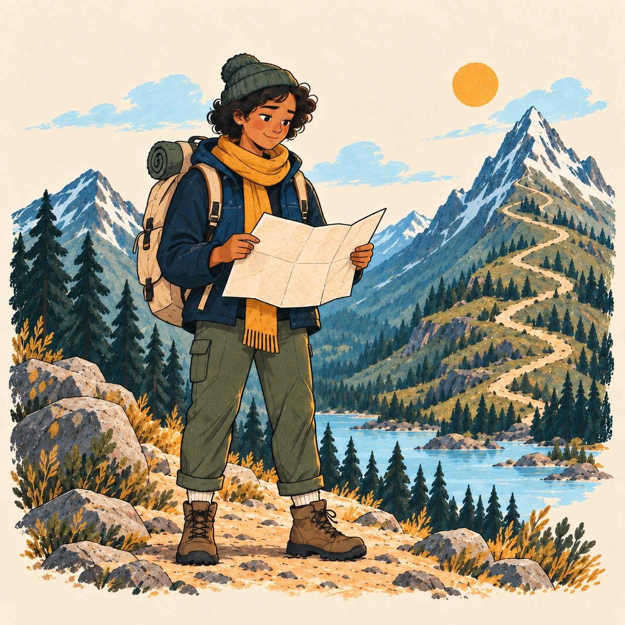 Illustrated traveler at basecamp studying a map, with the mountain trail ahead