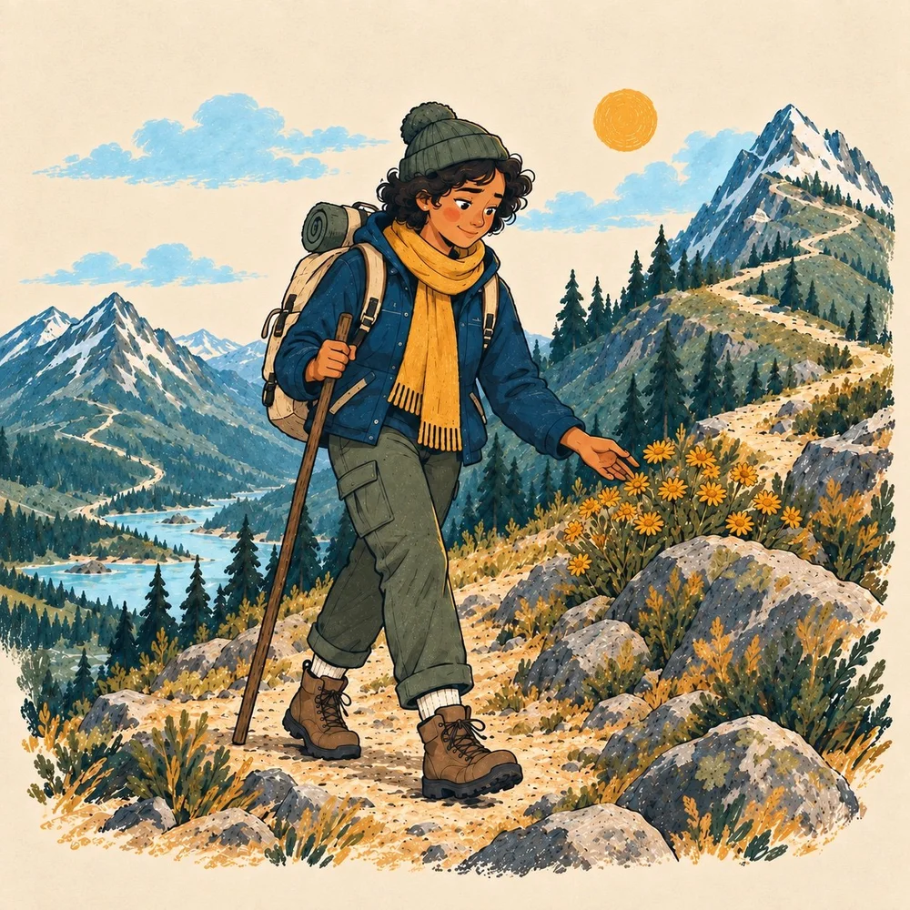 The same traveler walking on along the trail, noticing amber flowers