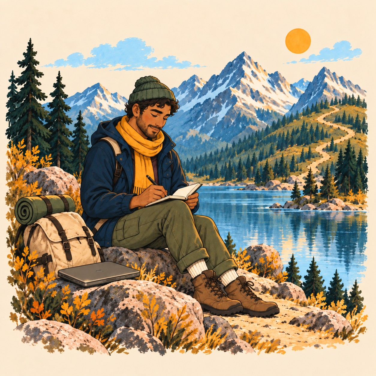 A man pausing with his notebook beside a mountain lake