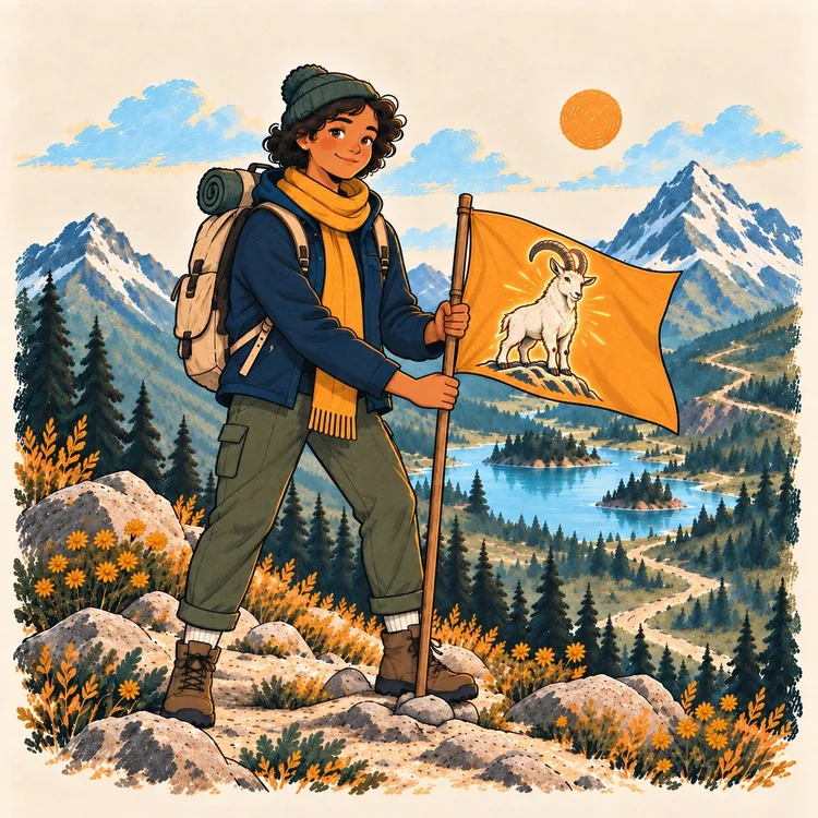 The traveler planting an amber flag with a mountain goat emblem