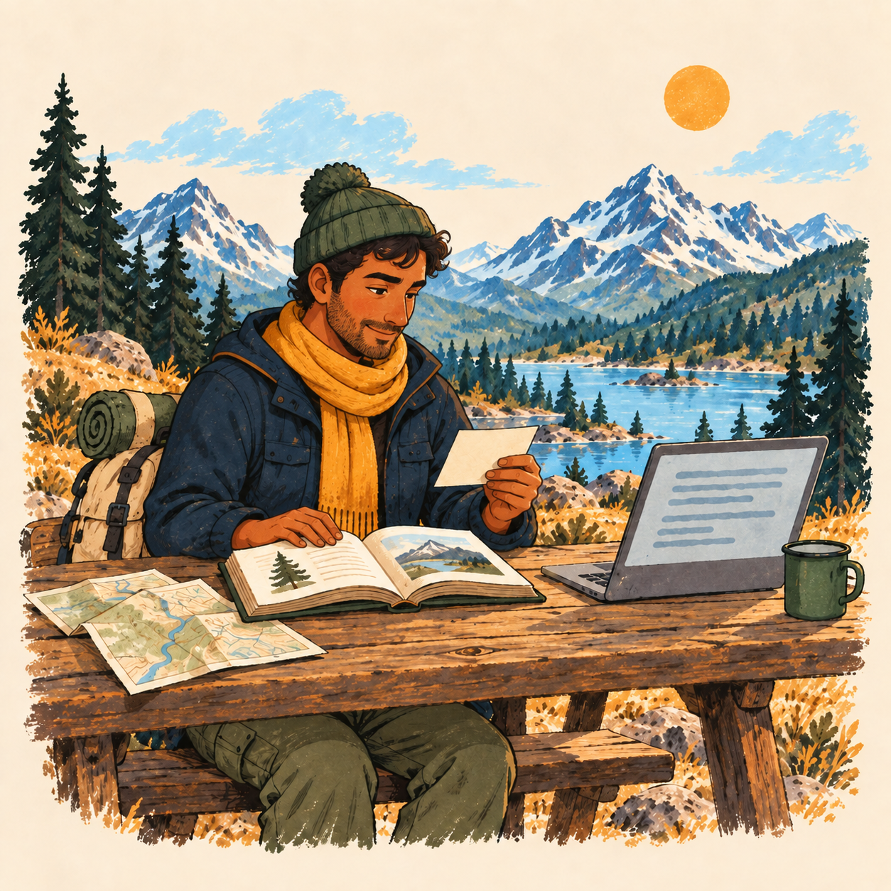 A man studying a map beside an open notebook in a mountain landscape