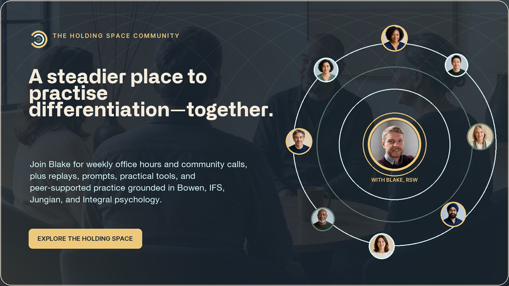 The Holding Space: Blake at the centre of an illustrated circle of people, with the invitation to practise differentiation together