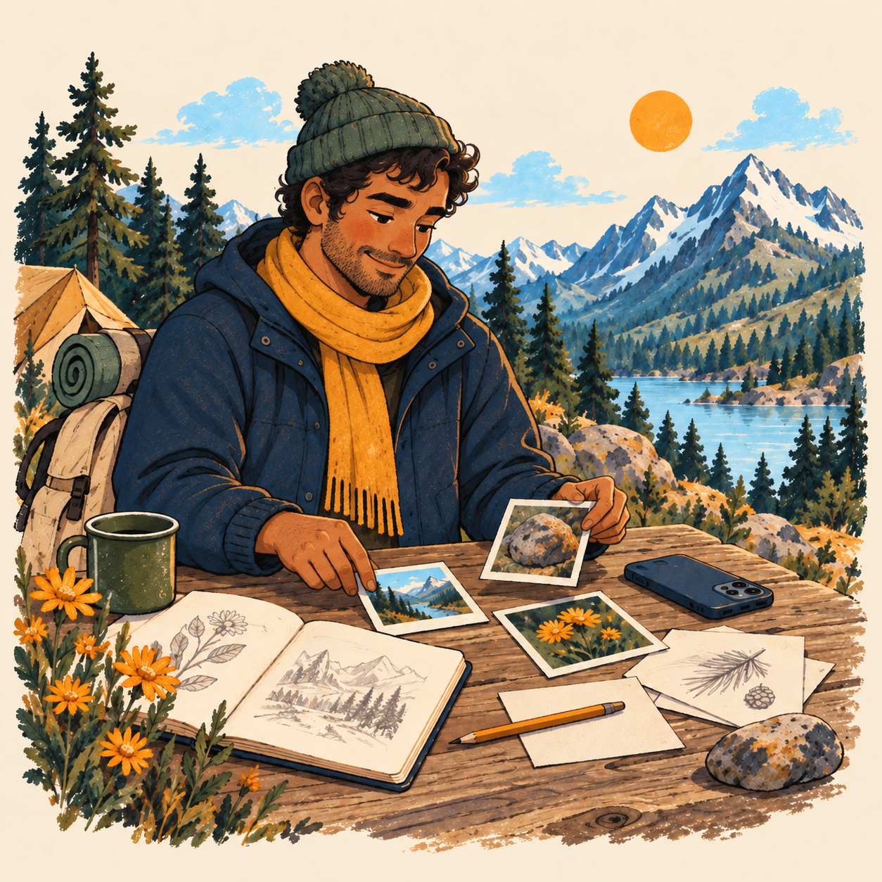 A man building a creative project at a desk overlooking the mountains