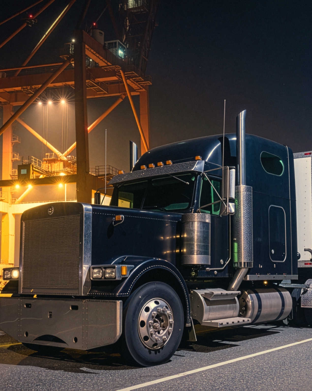 Semi truck on a port road at night with container cranes behind
