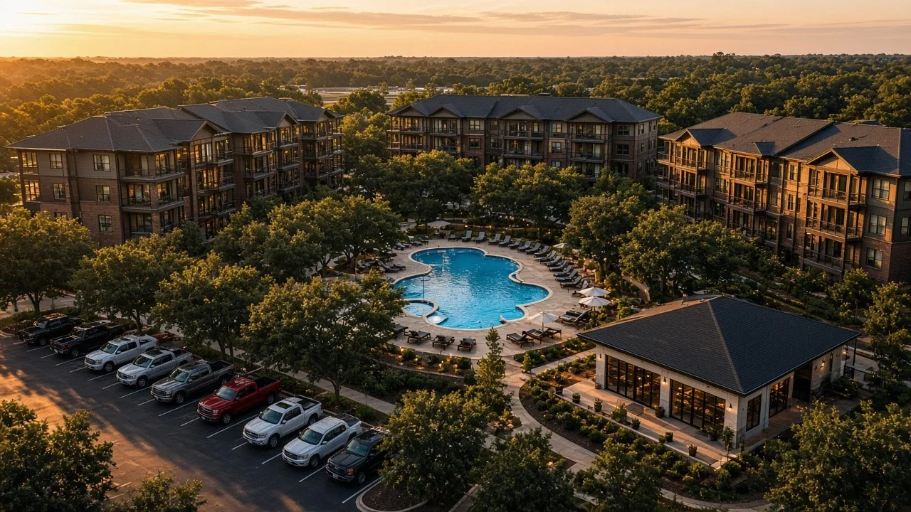 A bright apartment community at golden hour with a property manager holding a tablet outside the leasing office