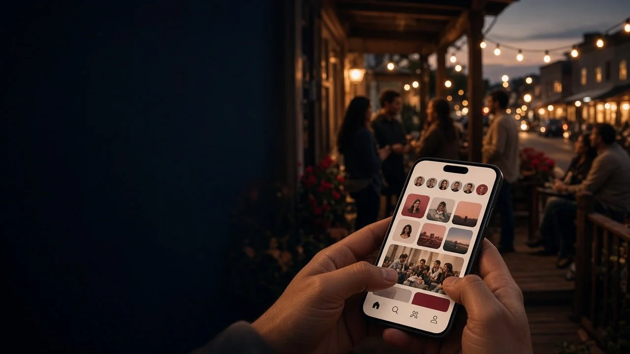 Neighbors on a porch at dusk gathered around a phone app