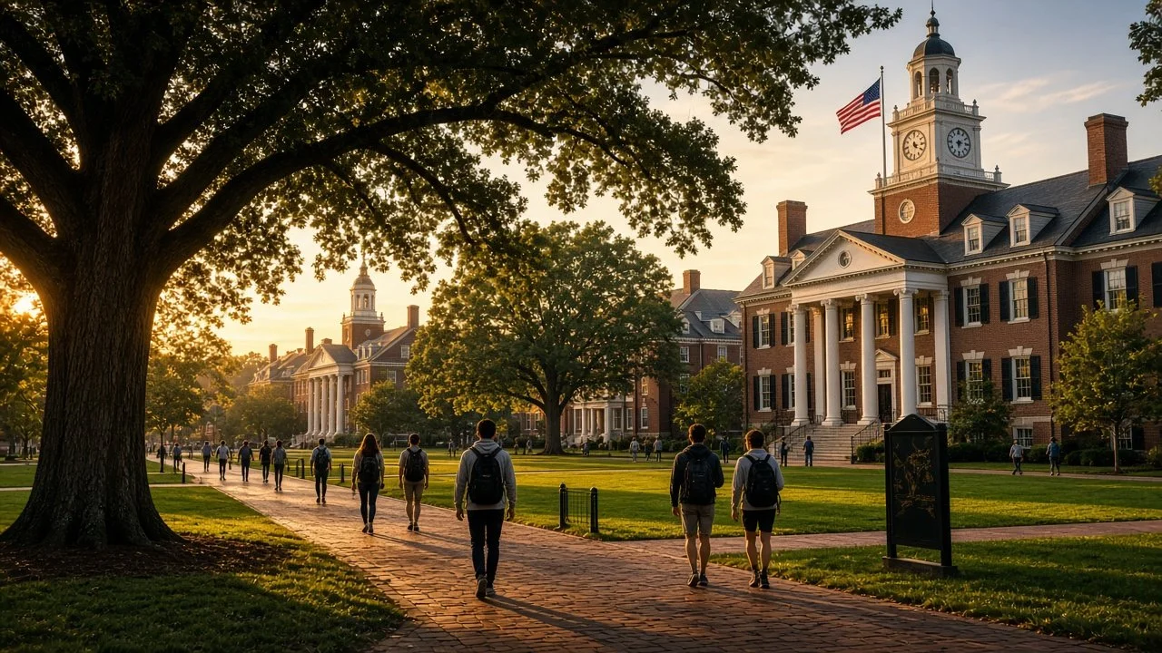 Brick college campus quad with clock tower at golden hour