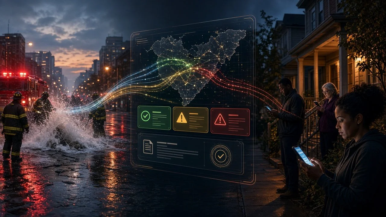An event on the left flowing through the N.I.C.O.L.E. Command screen to people reading the update on their phones