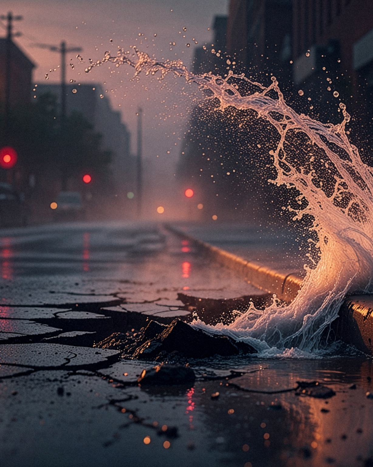 Water bursting through a cracked city street at dawn