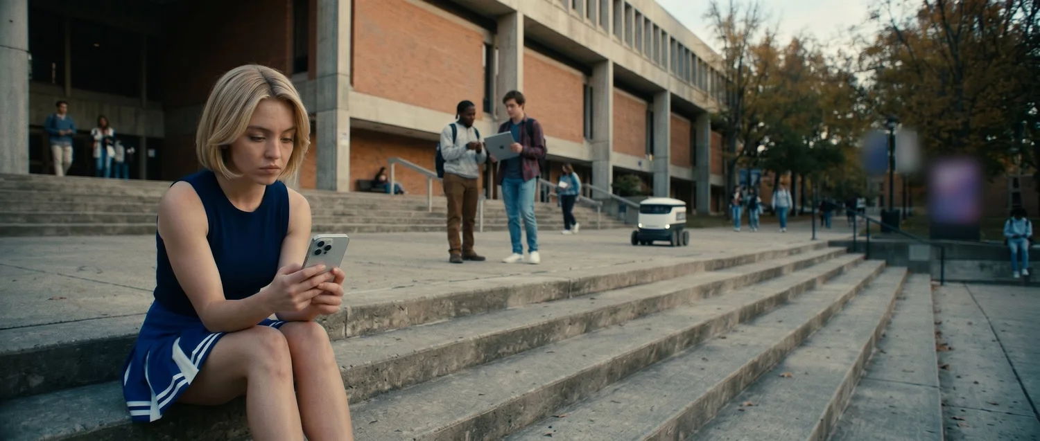A student in a cheer uniform sitting on the campus steps, checking her phone