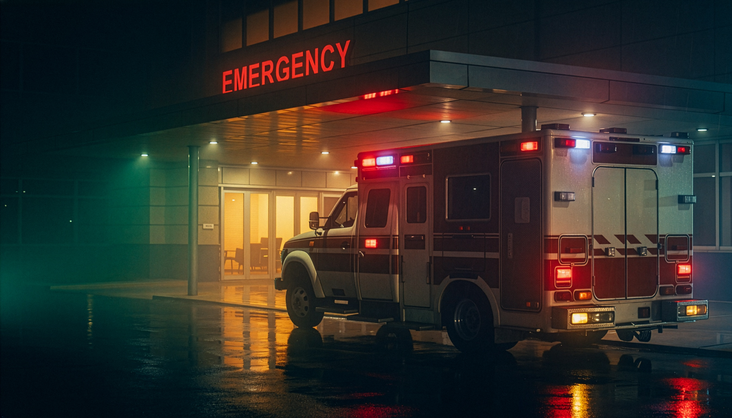 Ambulance under a lit emergency room canopy at night
