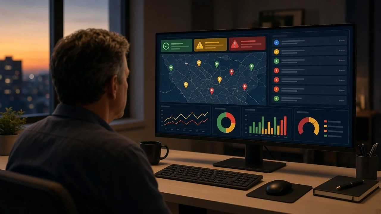 Operations manager at a desk watching the N.I.C.O.L.E. system on screen