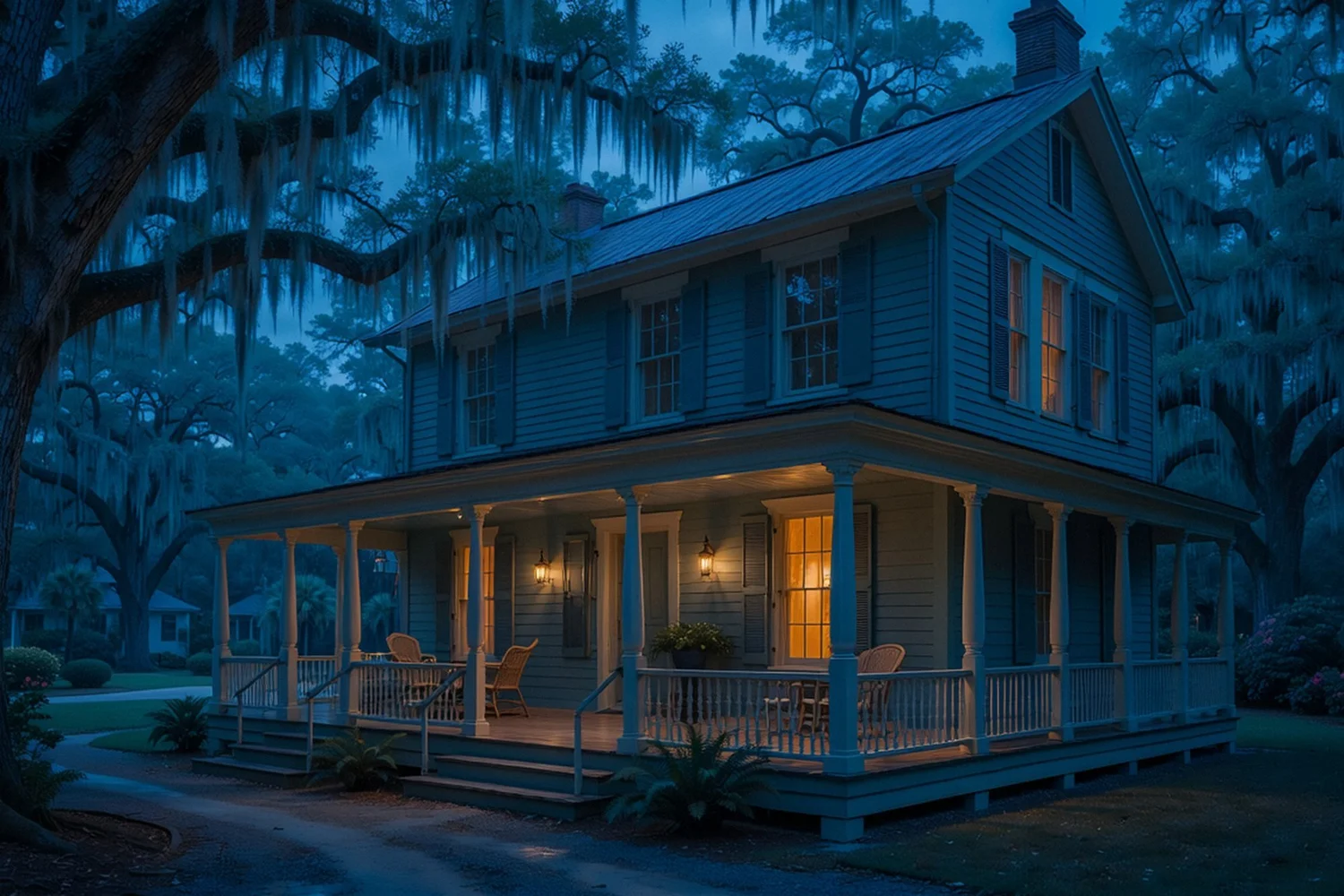 A quiet Southern bed and breakfast at blue hour, one upstairs window lit