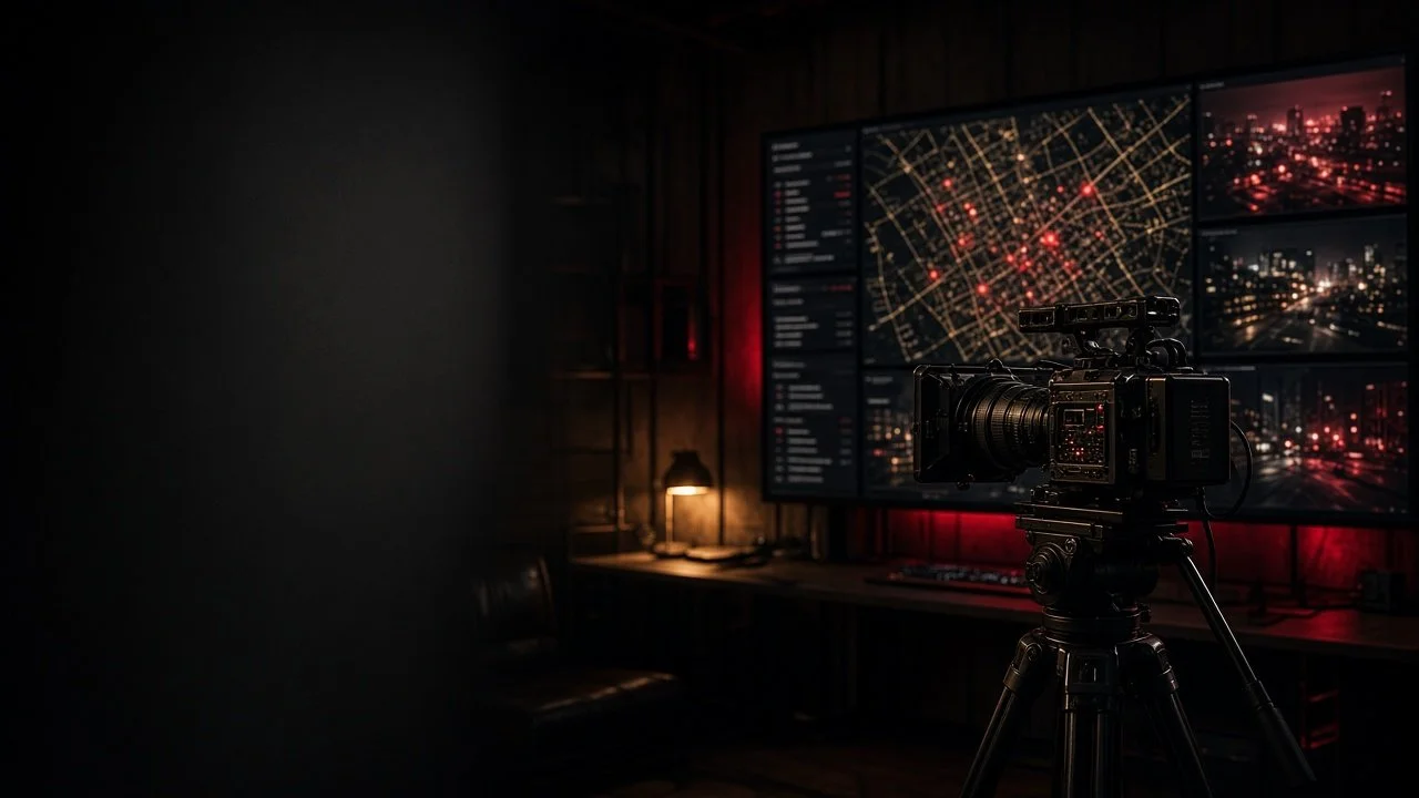 A cinema camera and glowing command screens in a dark studio, where storytelling meets technology