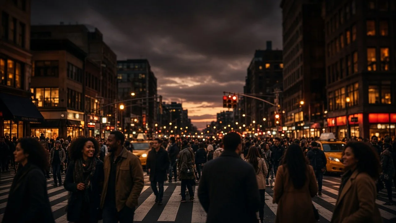 A crowded American city crosswalk at dusk, people crossing together