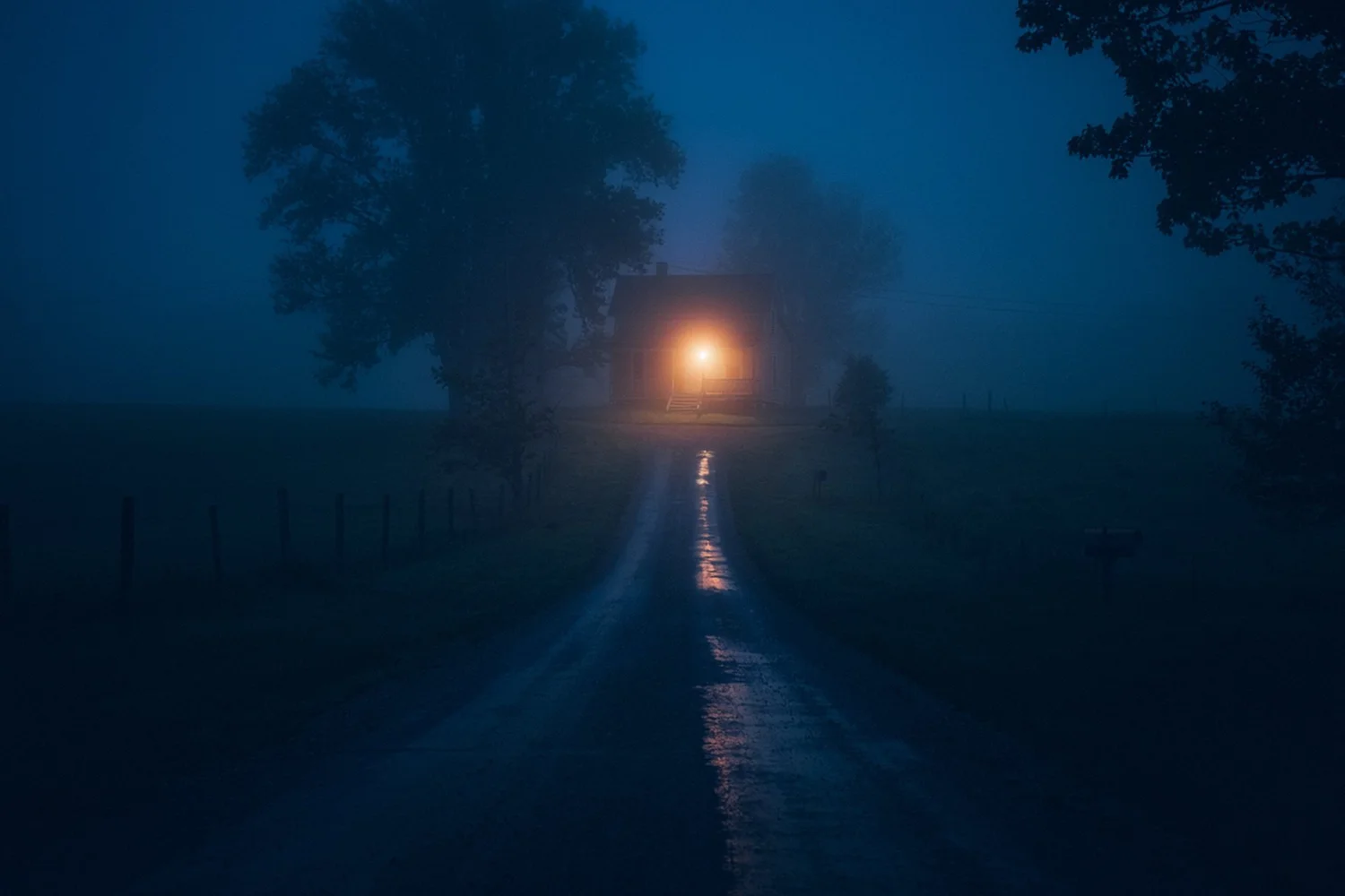 A two lane county road at night, one porch light on in a distant farmhouse