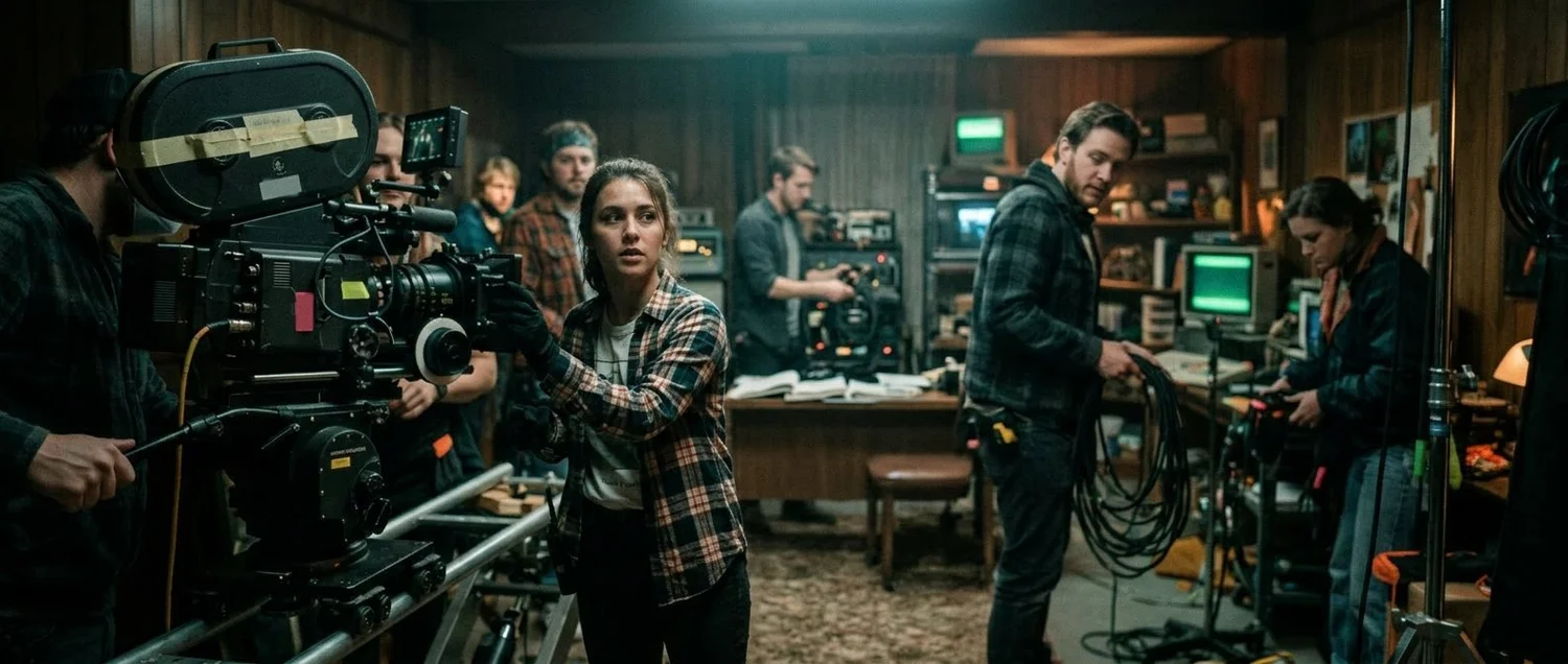 A film crew at work on set