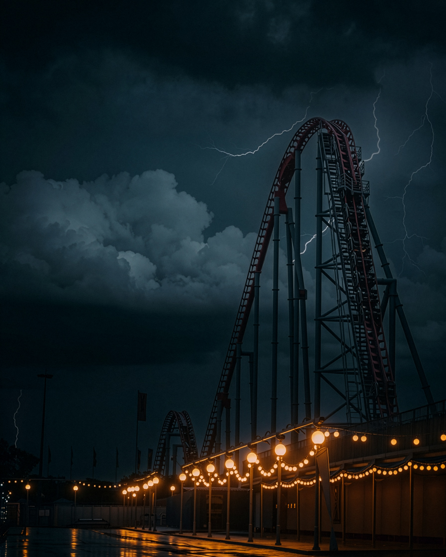 Roller coaster lift hill against a storm sky with lightning