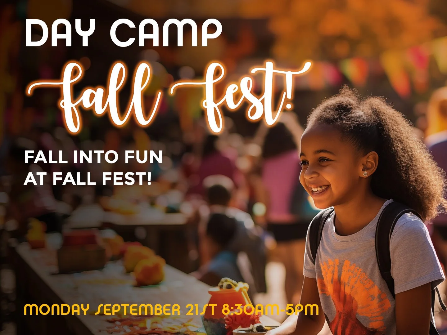 Fall Fest poster. A black girl smiles brightly in warm lighting. In the background, a fair happening in autumn, blurry.