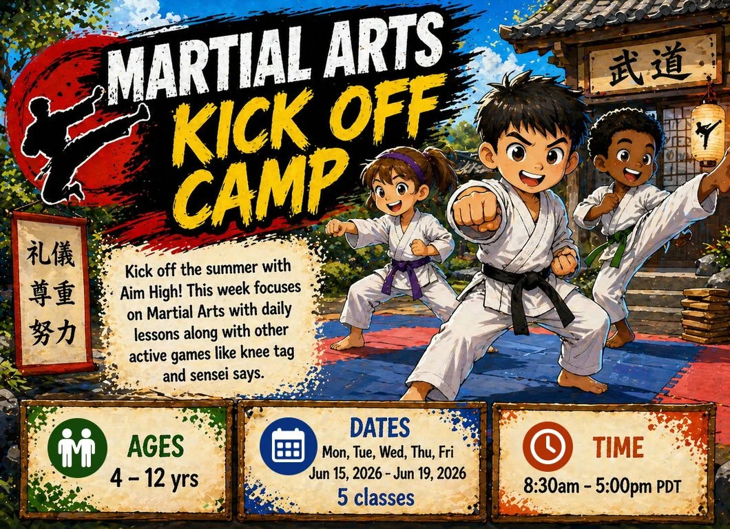 Flyer for Martial Arts Kick Off summer camp.