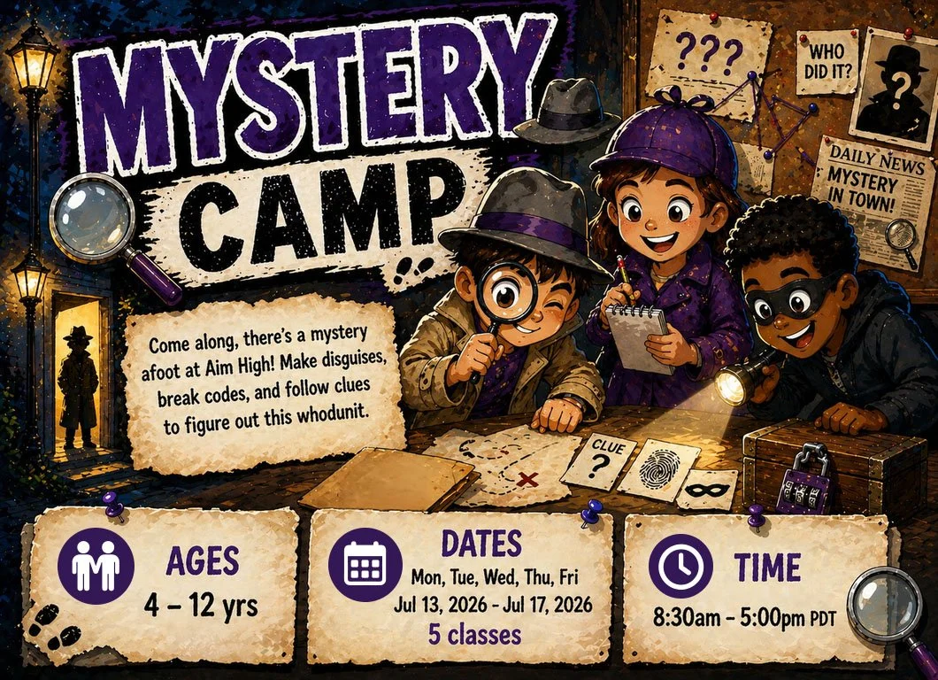 Flyer for Mystery camp. Two kids dressed up as detectives, one as a thief, excitedly examine clues.