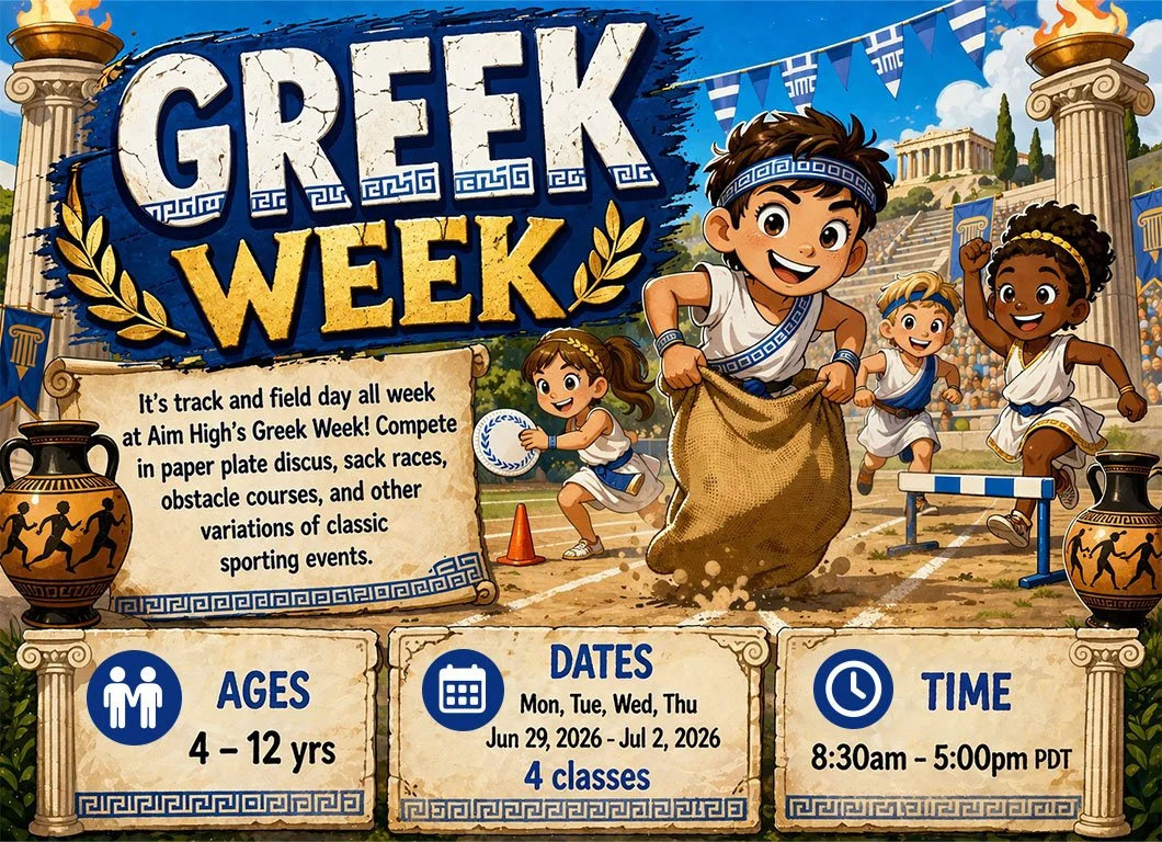 Flyer for Greek Week summer camp. Smiling children in togas compete in a variety of track and field races.