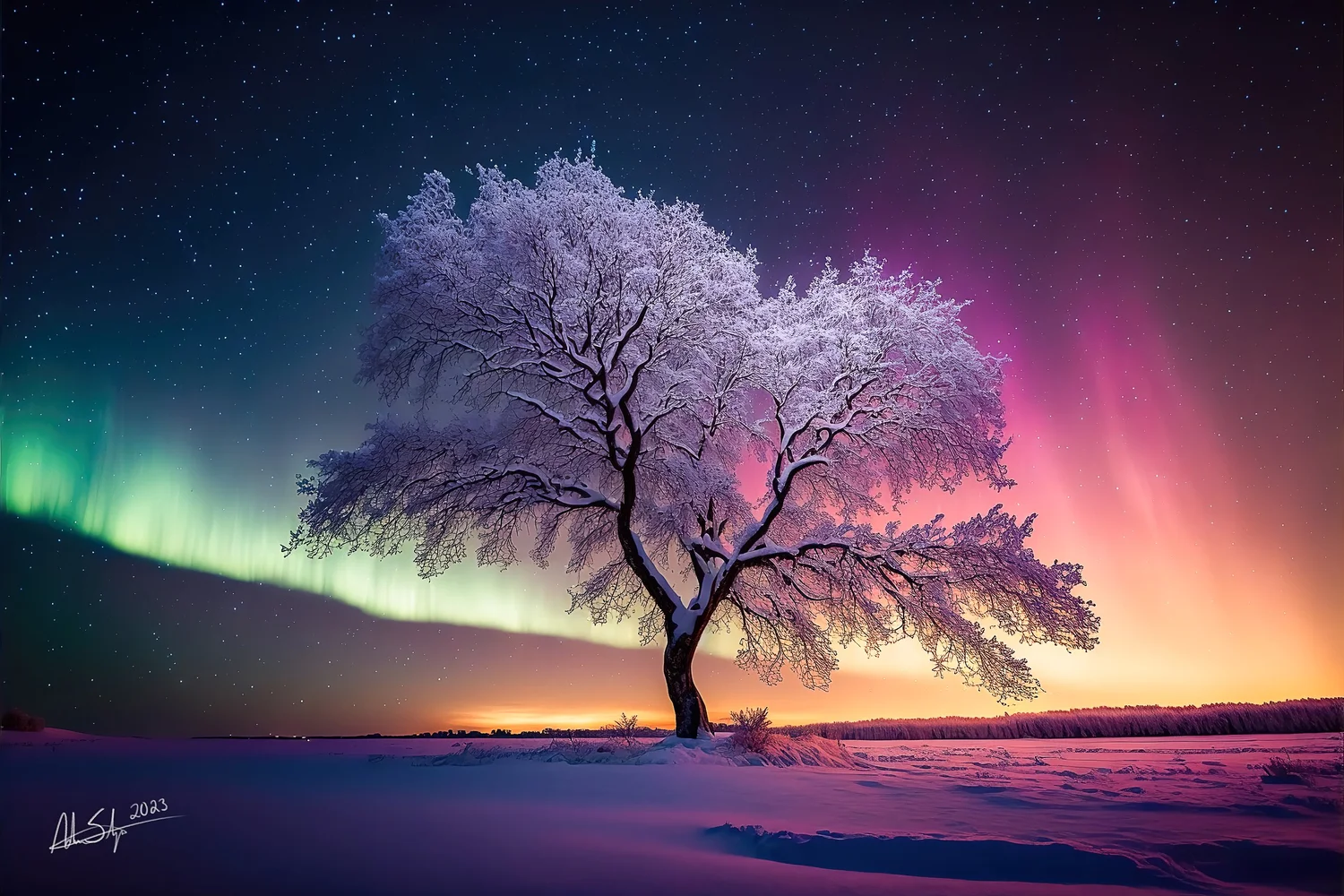 Northern Lights Tree from the Midjourney collection, a luminous tree beneath a vivid night sky