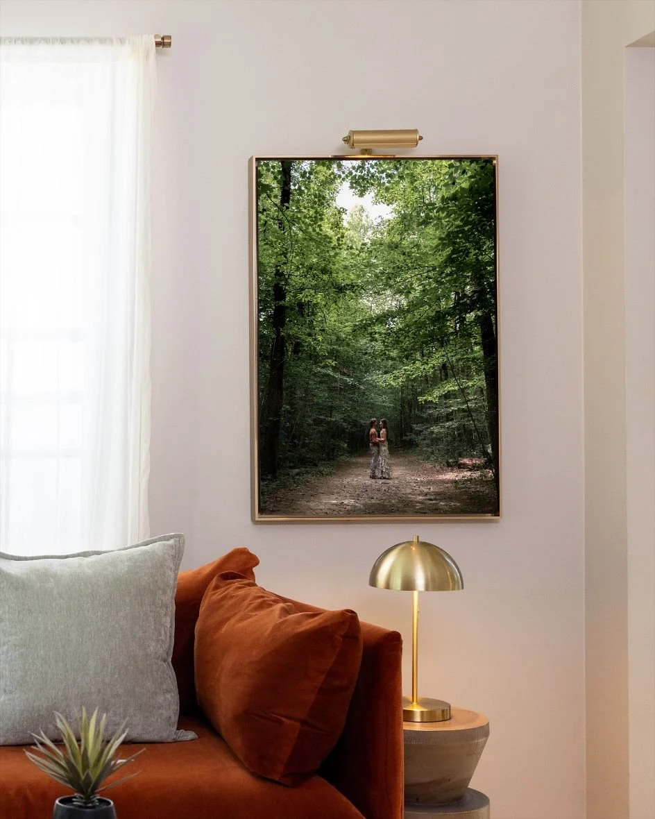 Satin metal float frame with a forest photograph above a rust-colored sofa