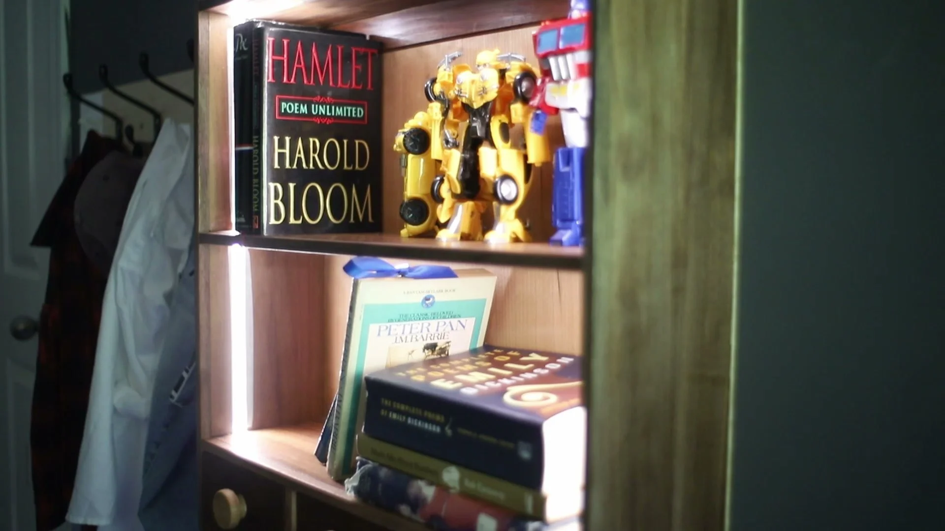 Books and robot figures displayed on the illuminated walnut shelves.
