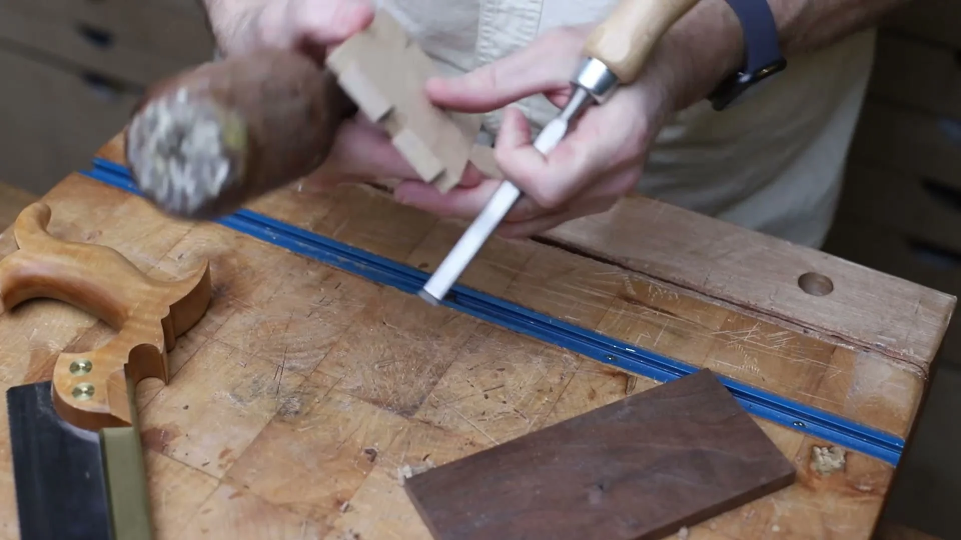 Chisel work on the small drawer joinery at the bench.