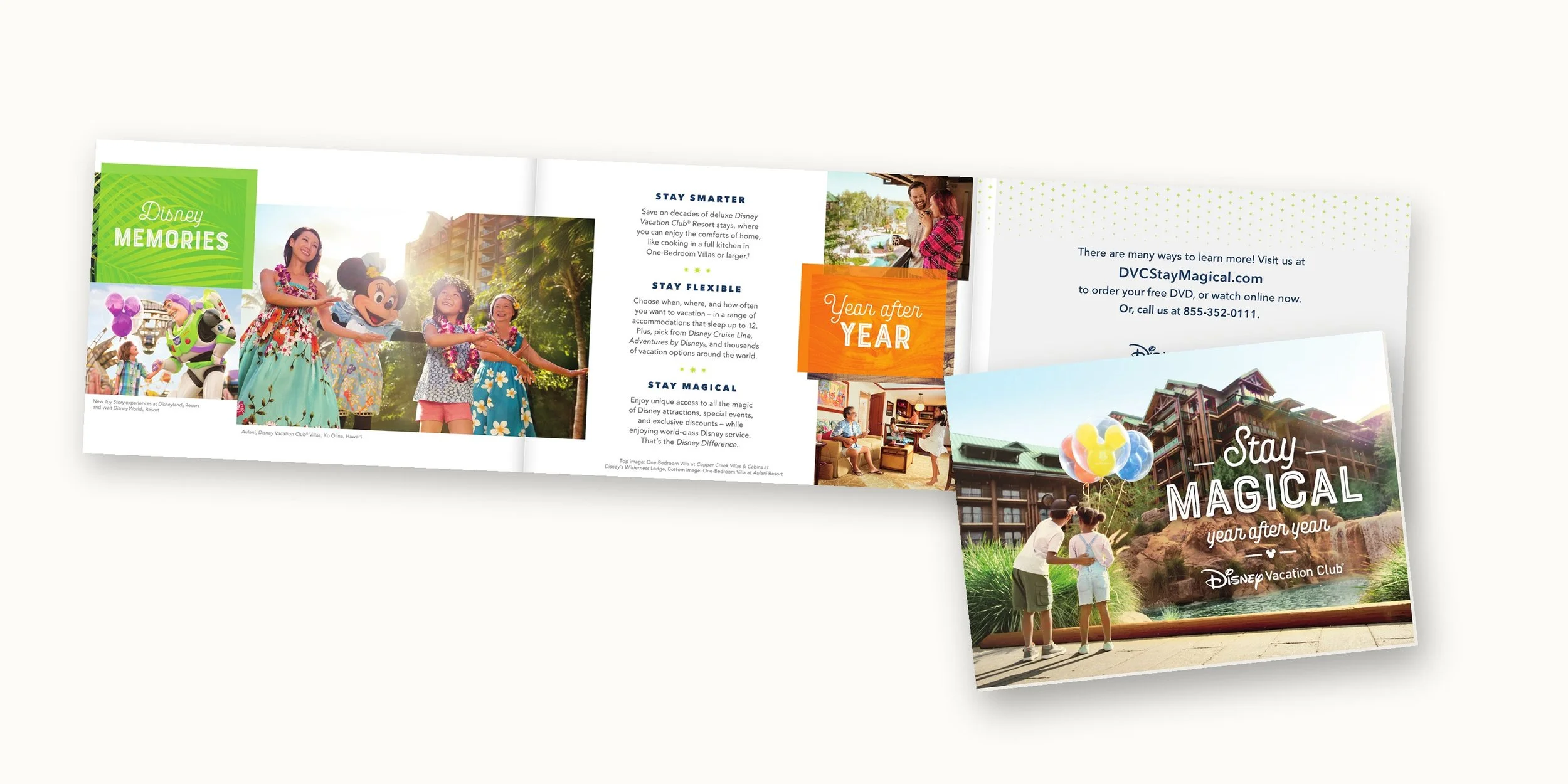 Disney Vacation Club Stay Magical year after year trifold direct mail piece, open spread and cover
