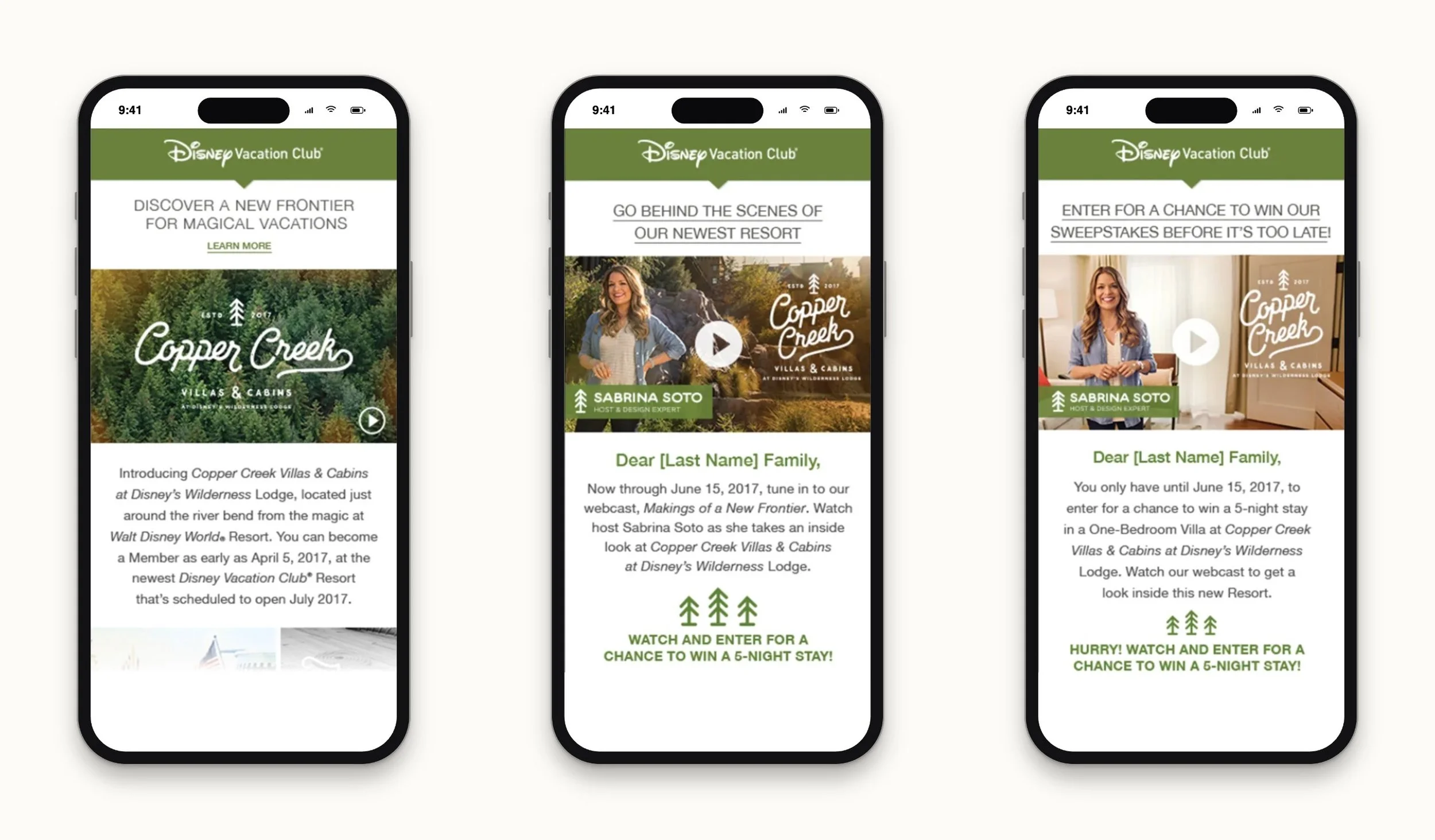 Copper Creek launch emails on three phones