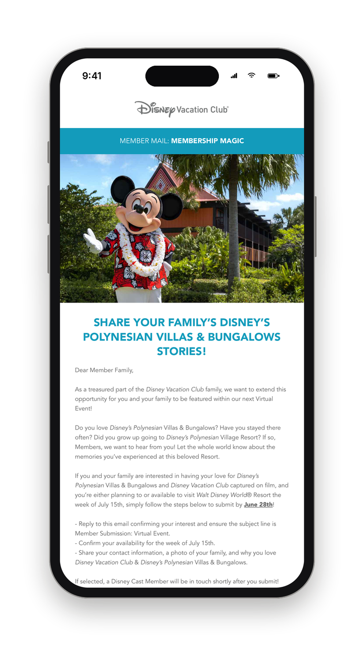Disney Vacation Club Member outreach email on a phone