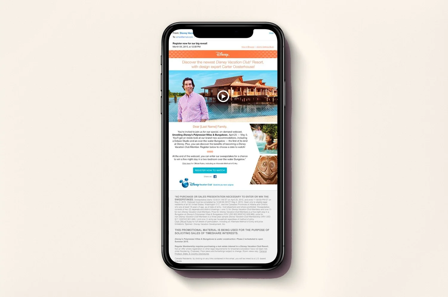 Webcast invitation email with Carter Oosterhouse on a phone