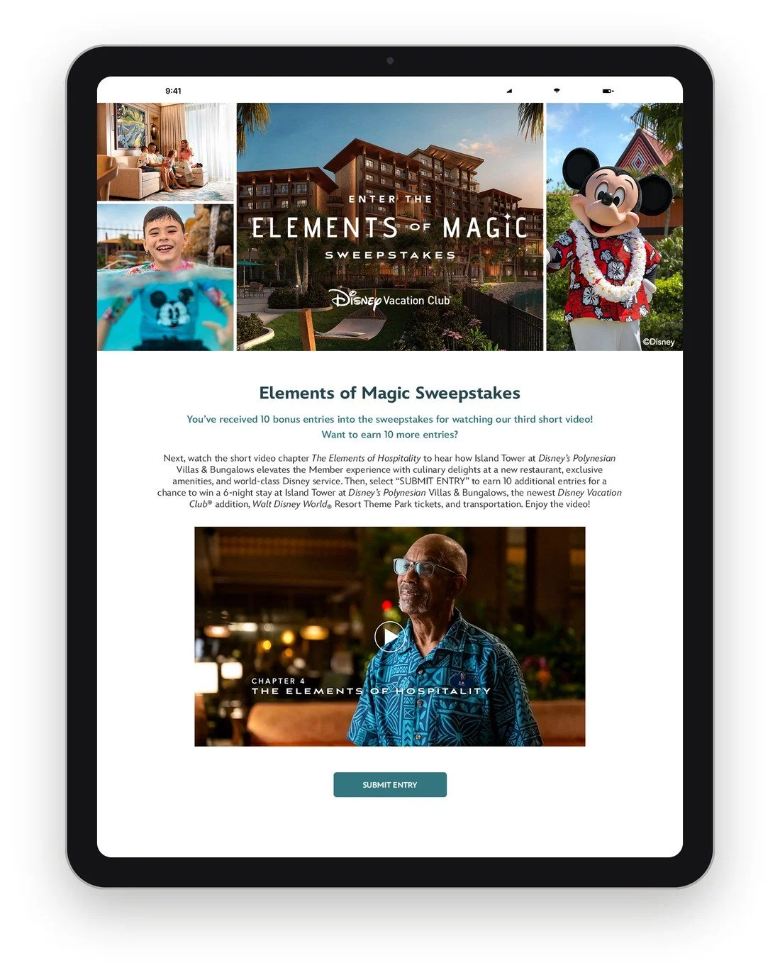 Sweepstakes entry video email on an iPad