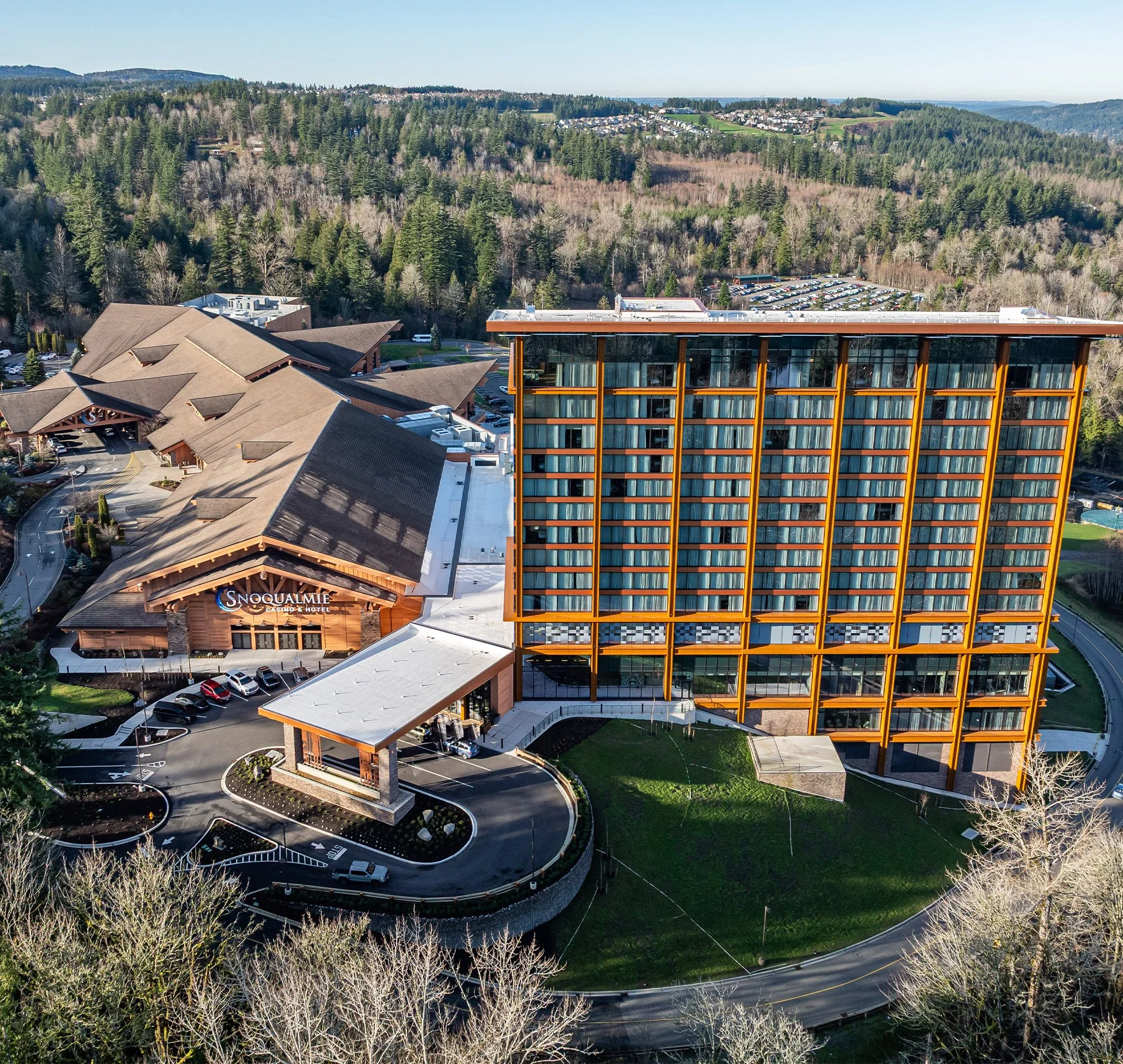 Aerial photo of Snoqualmie Casino and Hotel with the surrounding forest